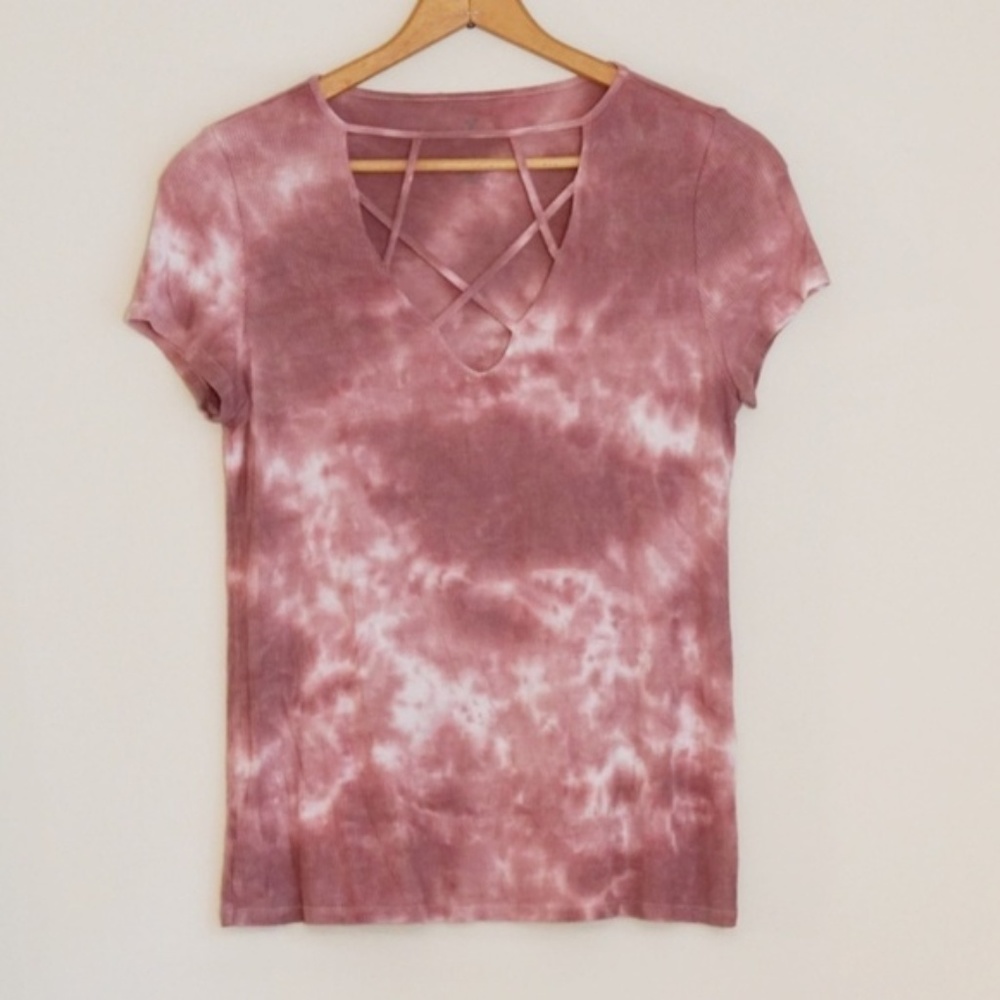 American Eagle Pink & White Tie-Dye Caged Neck Tee